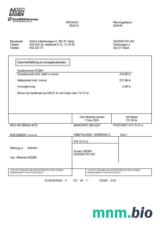 Szwecja NVSH Energi rachunek za usługi komunalne szablon w formacie Word i PDF